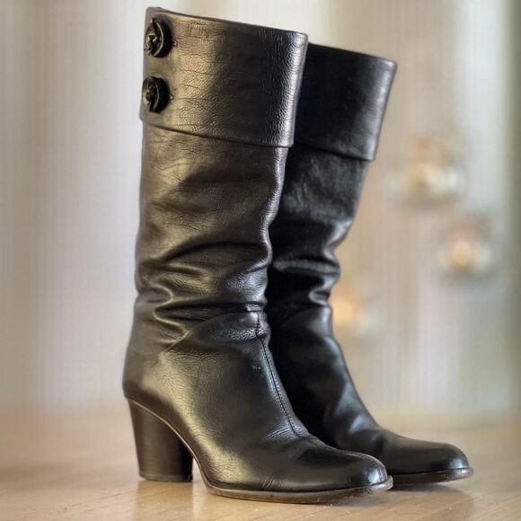 Vintage DKNY Black Leather Fold-Over Cuff‎ Heeled Boots 90s Y2K Minimalist 6.5M - Picture 1 of 8